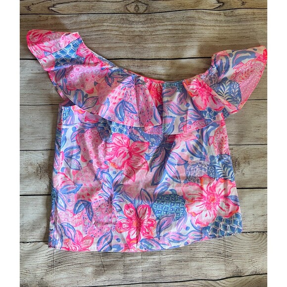 NWT Lilly Pulitzer Zeldie One Shoulder Ruffle Top Pink Isle Snappy Turtle XS - Picture 5 of 8